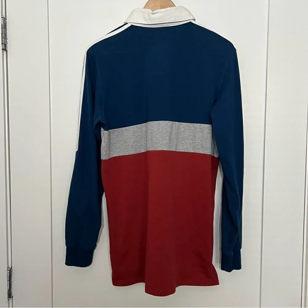 Adidas Polo Shirt Mens Size M 3-Stripes Long Sleeve Rugby Blue Red Gray